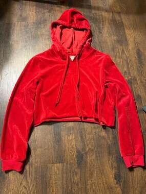 True Religion Women's Red Velour Cropped Pullover Hoodie